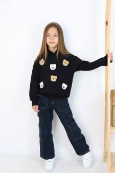 AYICIK NAKIŞLI KAPÜŞONLU KARGO CEPLİ KOT PANTOLONLU TAKIM