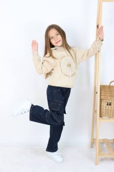 PAPATYA NAKIŞLI KAPÜŞONLU KARGO CEPLİ KOT PANTOLONLU TAKIM