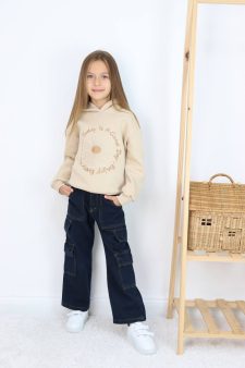 PAPATYA NAKIŞLI KAPÜŞONLU KARGO CEPLİ KOT PANTOLONLU TAKIM